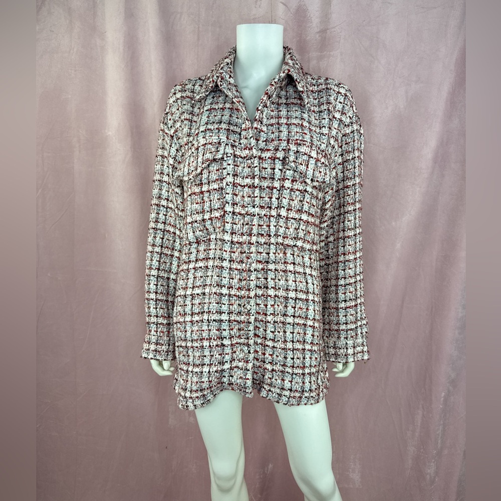 Apparis Womens Red Tweed Shirt Jacket Shacket Size Large Snap Button